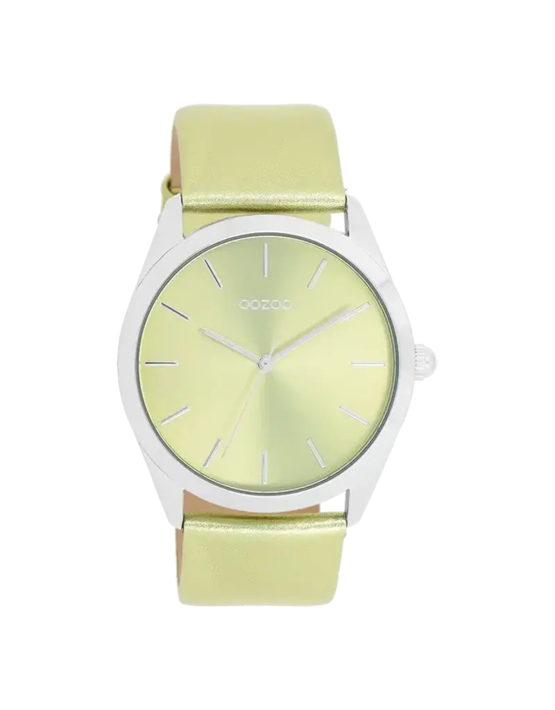 OOZOO Zilverkleurige OOZOO horloge met limoen groene leren band - C11331