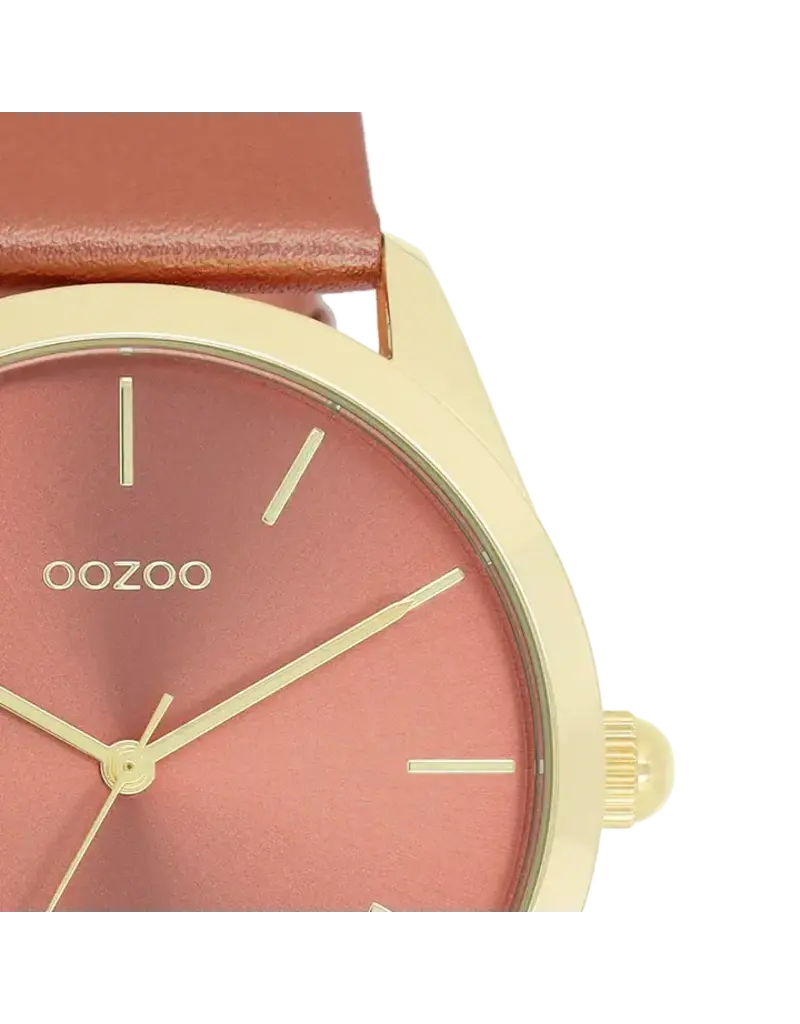OOZOO Goudkleurige OOZOO horloge met baksteen rode leren band - C11334
