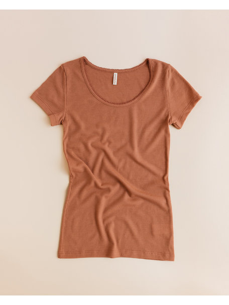 Unaduna Damen-Kurzarmhemd Feinripp aus Wolle - sienna clay
