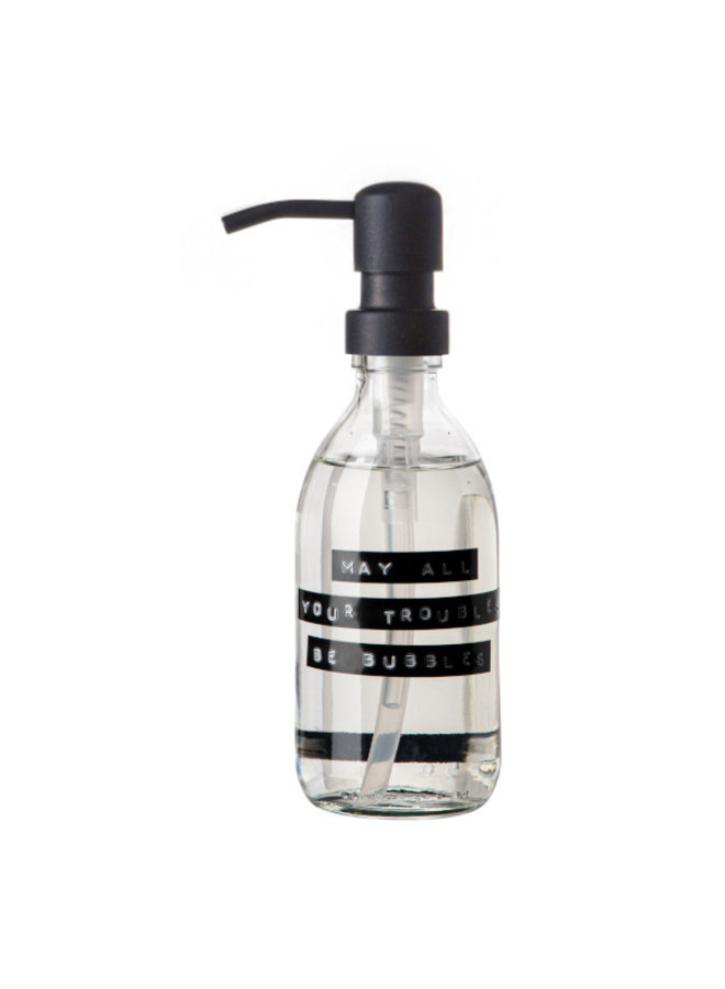 Handzeep frisse linnen helder glas zwarte pomp 250ml 'may all your troubles be bubbles'