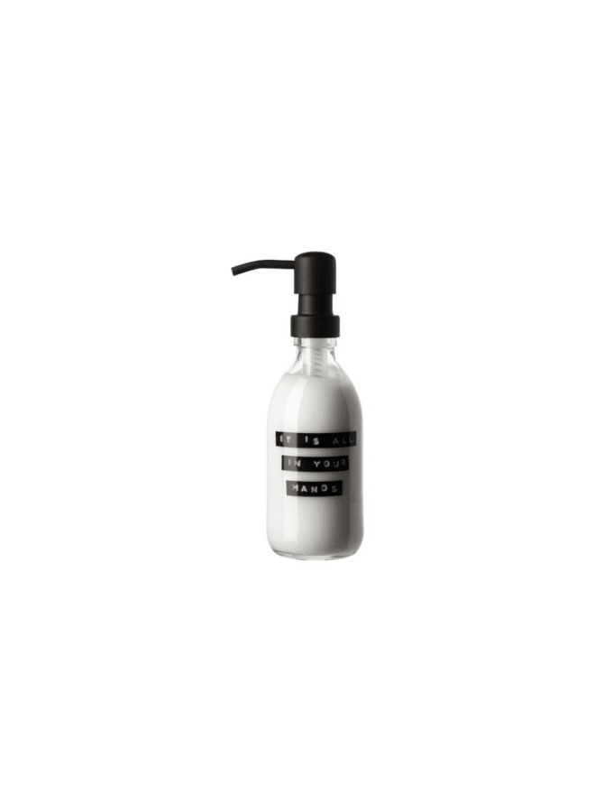 Handlotion frisse linnen helder glas zwarte pomp 250ml 'it is all in your hands'