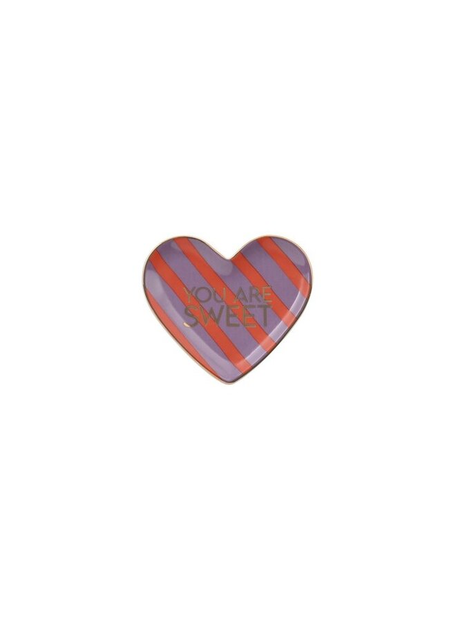 Love plates, decorative plates, porcelain, you are sweet, heart, flat, striped, purple/red