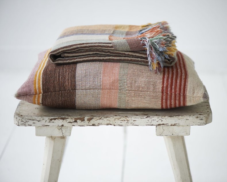 Multi Stripe Orange Cushion 50x50 cm – Handwoven Silk & Wool Cushion Cover with Reversible Stripes