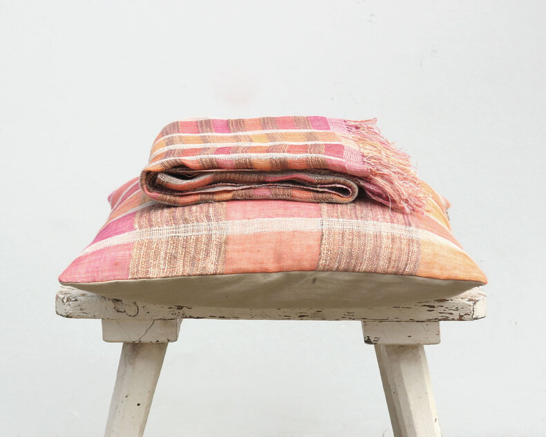 Sienna Warm Orange Cushion 50x50 cm – Handwoven Linen & Silk Cushion Cover in Warm Orange and Tobacco Brown with Reversible Block Pattern