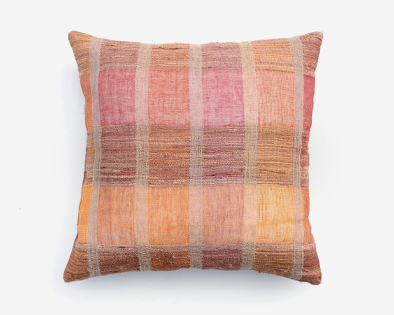 Sienna Warm Orange Cushion 50x50 cm – Handwoven Linen & Silk Cushion Cover in Warm Orange and Tobacco Brown with Reversible Block Pattern