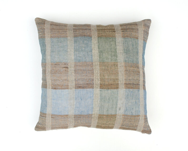 Sienna Blue Cushion 50x50 cm | Handwoven Linen & Silk in Denim Blue, Sea Green, Sand and Tobacco