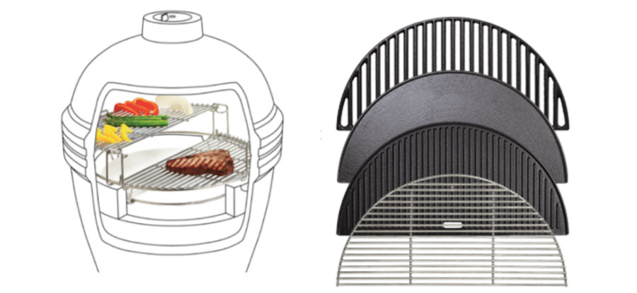 Illustratie van een Kamado Joe toestel met zijn diverse grill- en kookvlakken