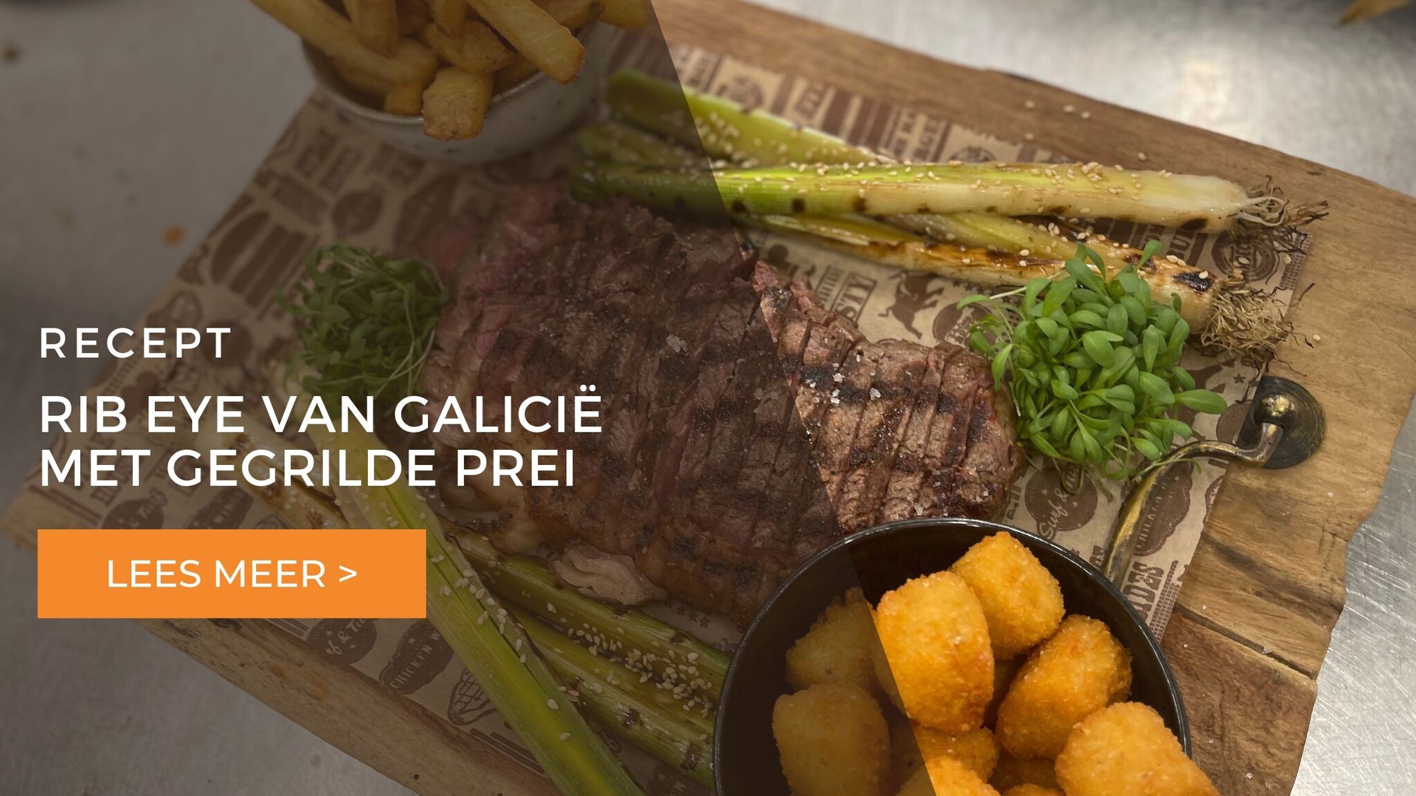 Rib eye uit Gallicië van de bbq met oosterse jonge prei