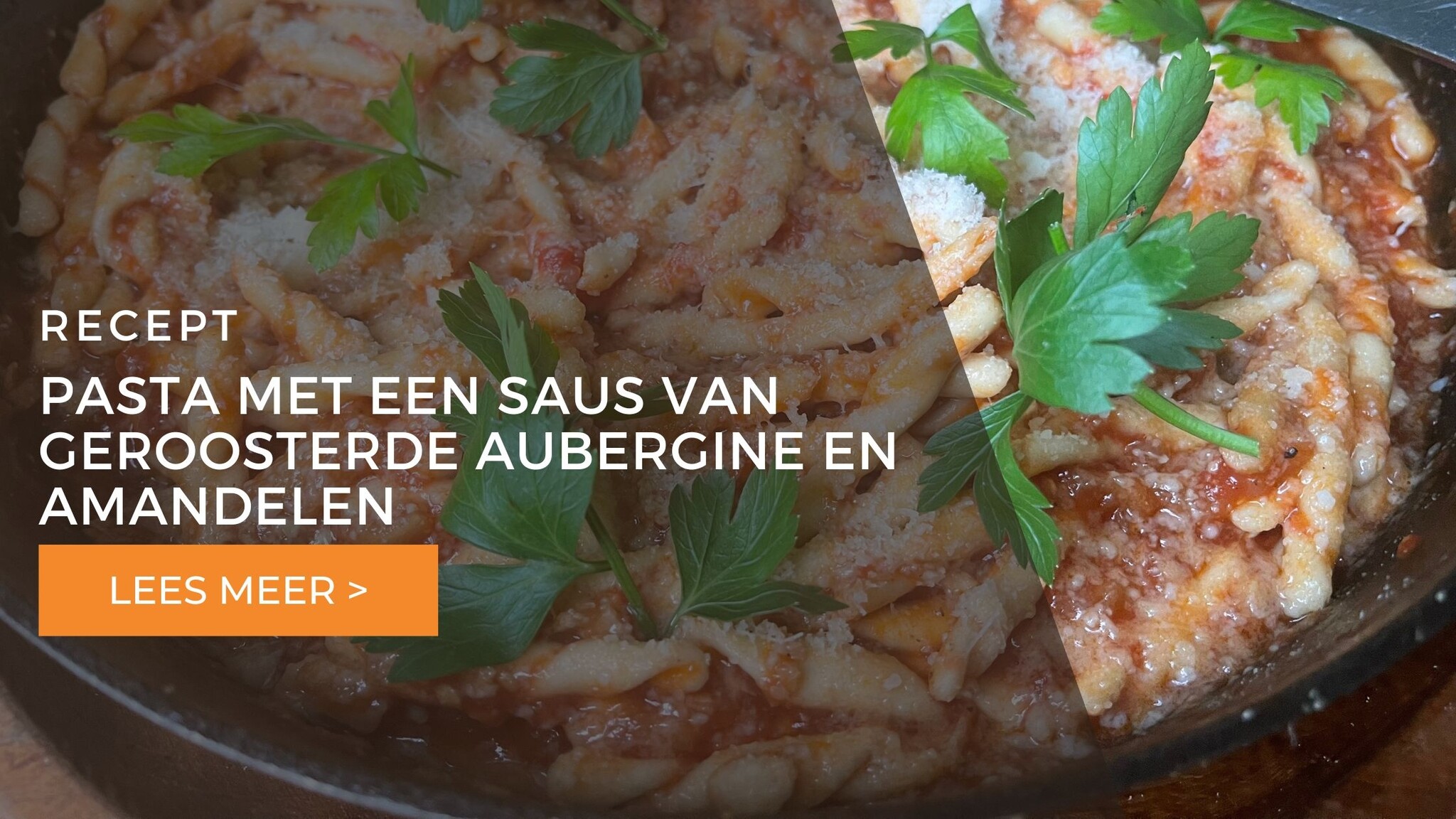 Pasta met een saus van geroosterde aubergine en amandelen 