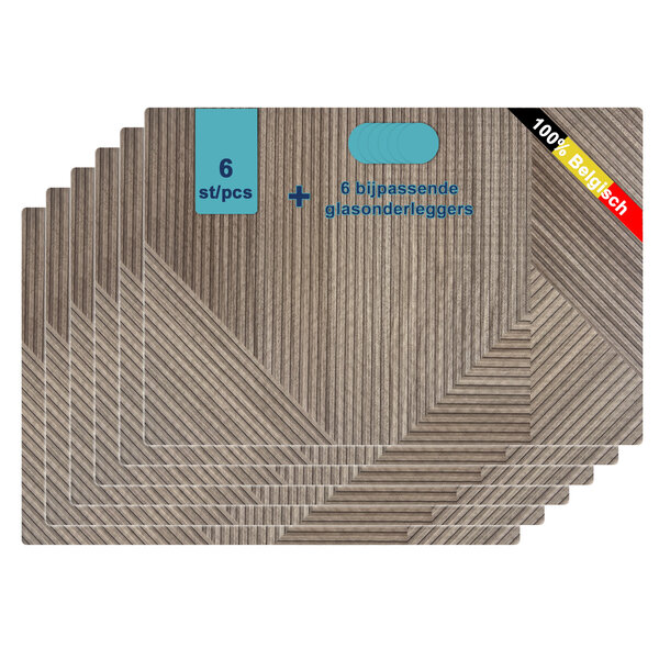 JYG Luxe Vinyl Placemats SEGOVIA 6 stuks + 6 glasonderleggers - Belgische Kwaliteit, Afwasbaar, Hout Dessin, 30x45cm, Extra Dik en Hittebestendig