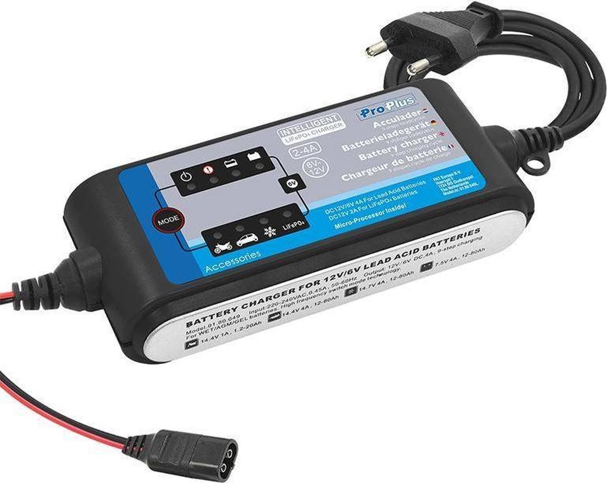 Acculader 6V/12V 2-4Amp. 9-staps laadcyclus LiFePO4
