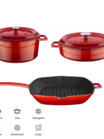 Lava Casting Red Cookware Set 24cm Round Casserole  + 28cm Multi Purpose Pot + Grill Pan