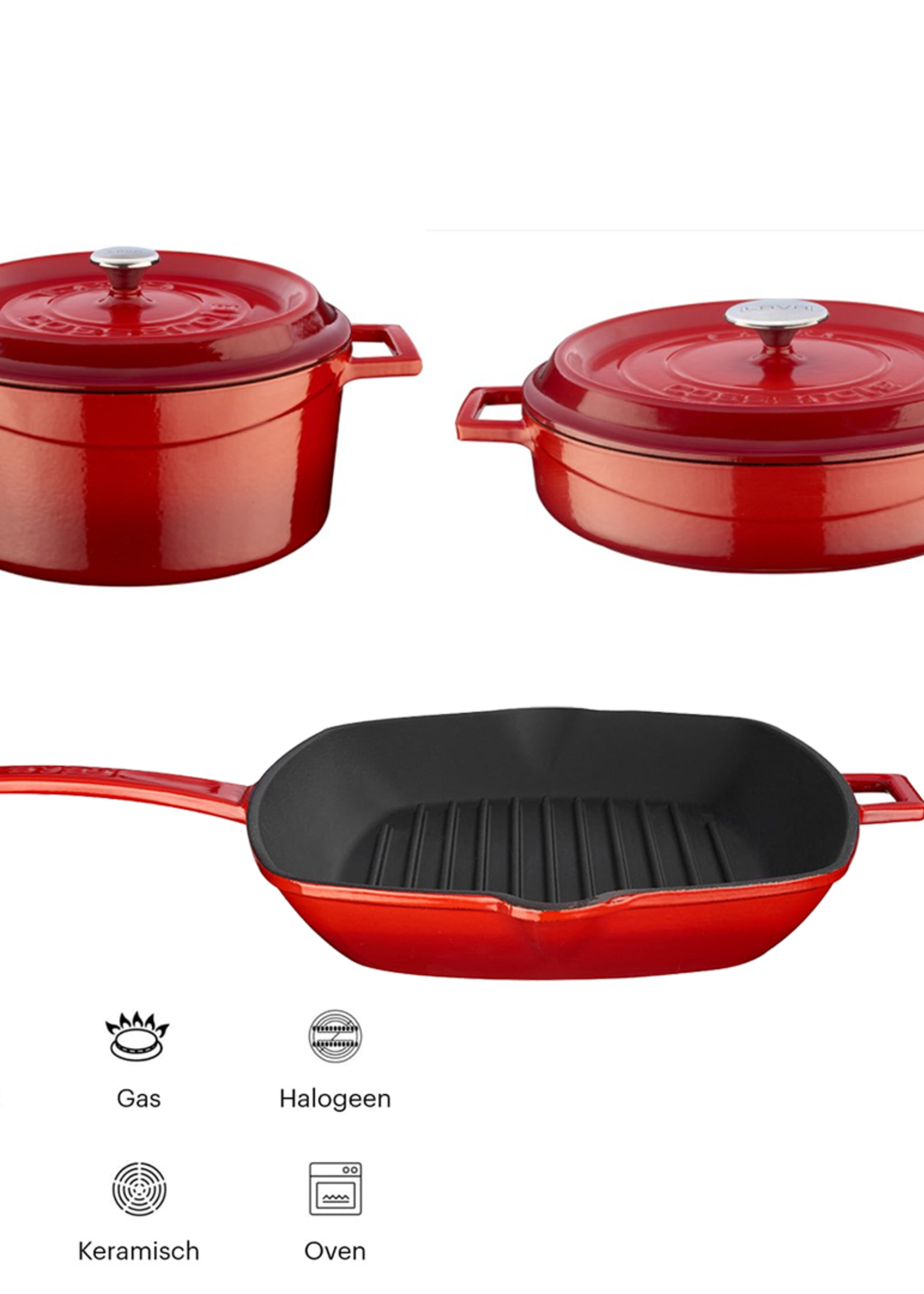 Lava Casting Red Cookware Set 24cm Round Casserole  + 28cm Multi Purpose Pot + Grill Pan