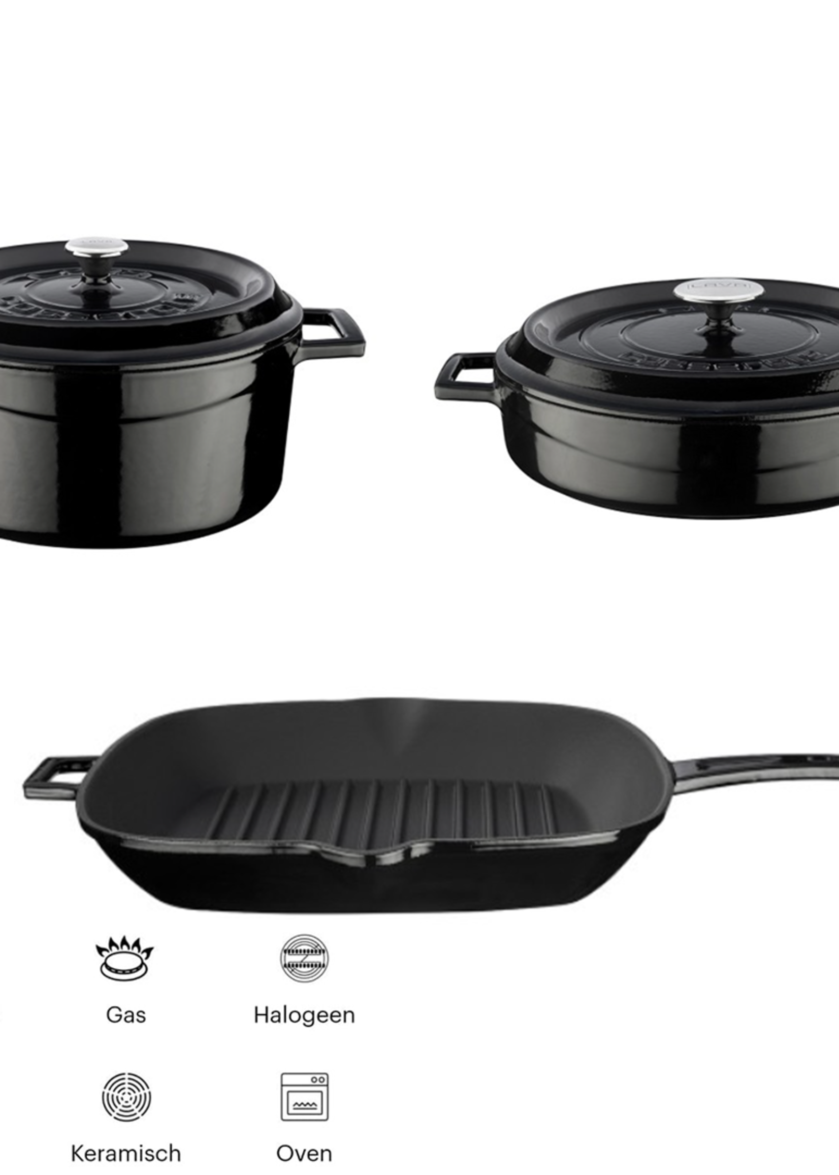 Lava Casting Black Cookware Set 24cm Round Casserole  + 28cm Multi Purpose Pot + Grill Pan