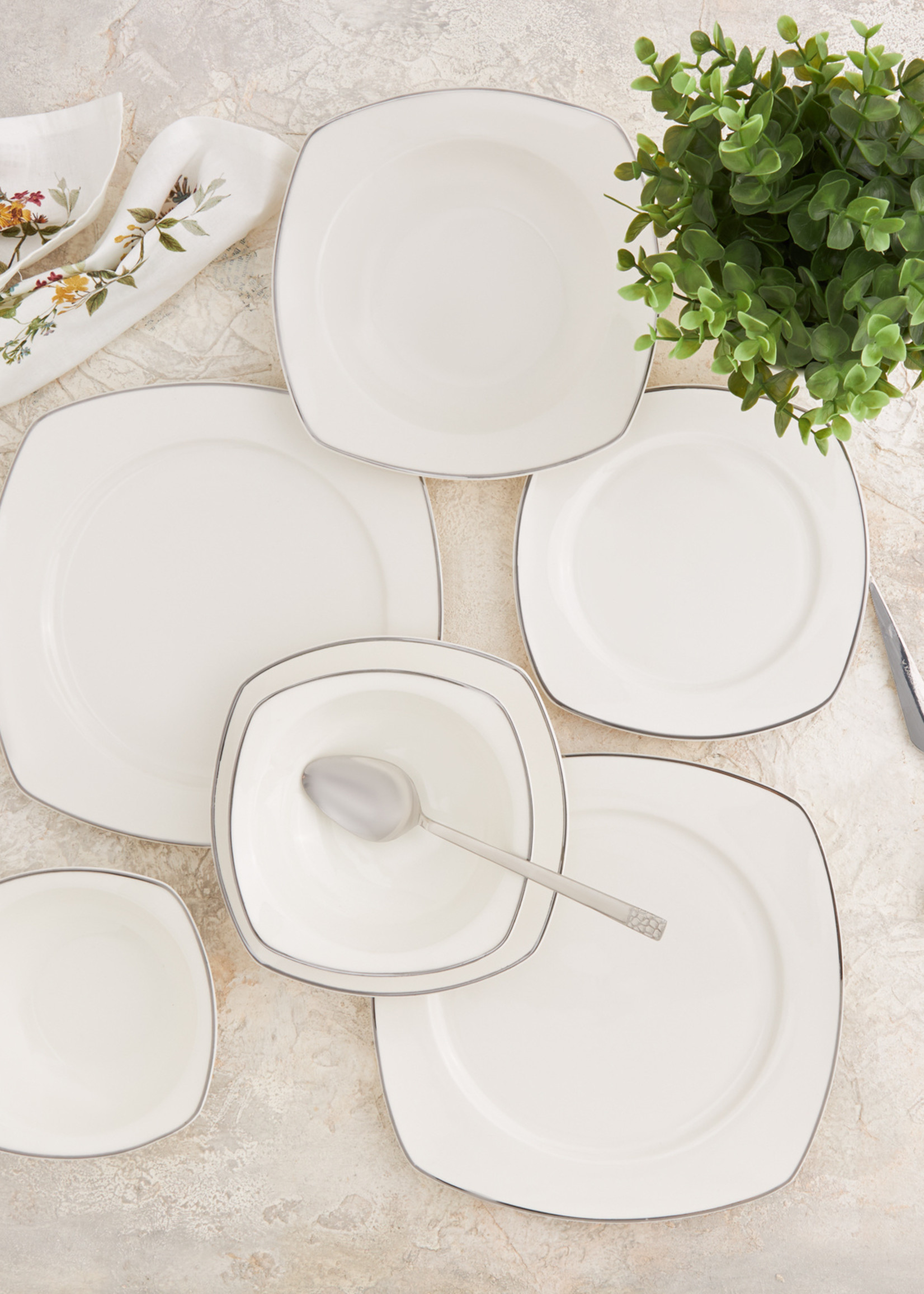 Karaca Adelia 24 Pieces 6 Person Porcelain Platinum Half Square Dinnerware