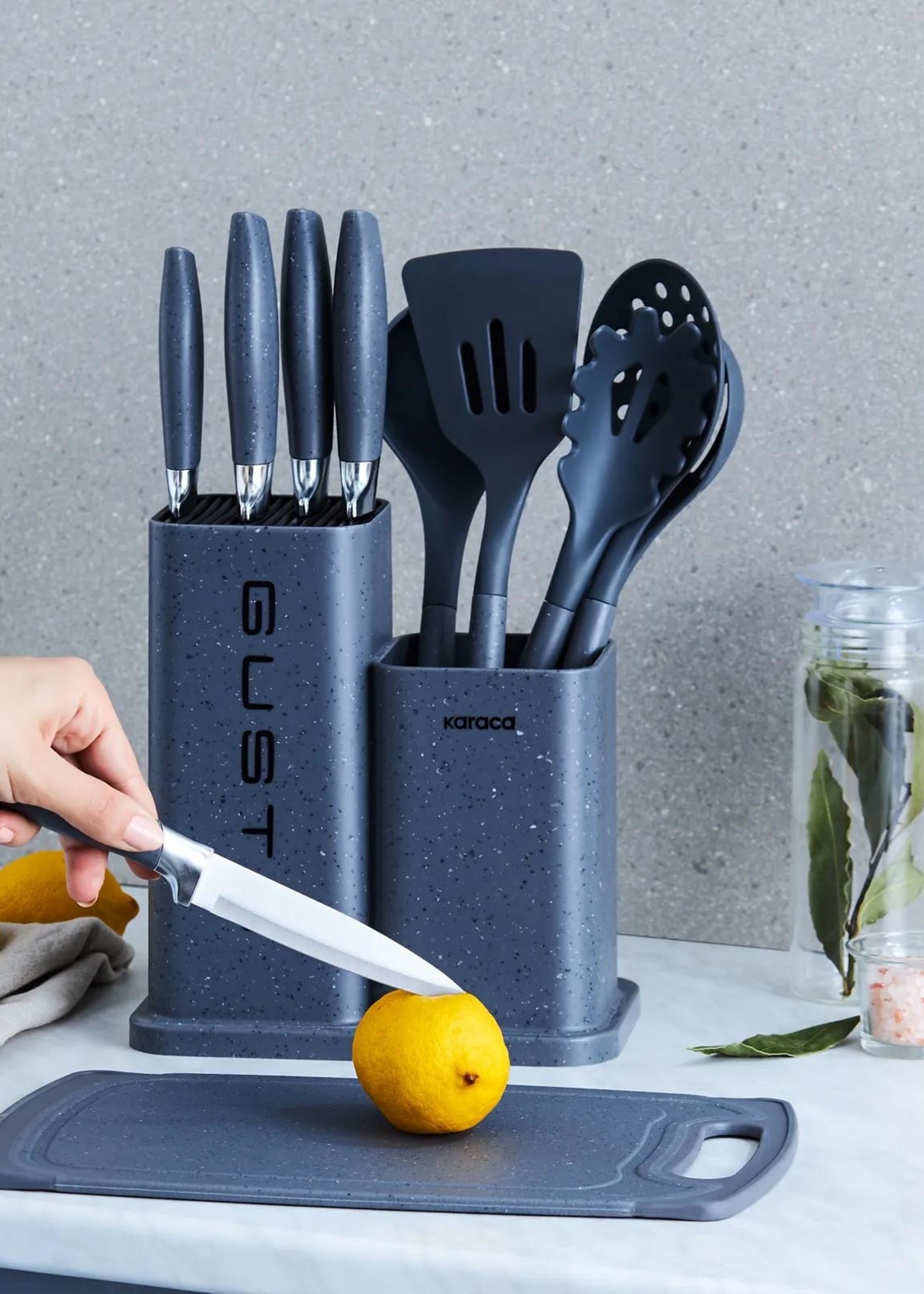Karaca Gusto 12 Pieces Knife Serving Cutting Board Set Gray