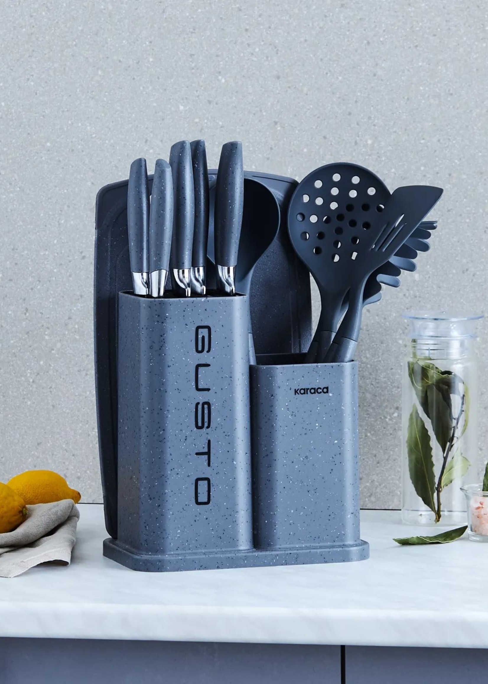 Karaca Gusto 12 Pieces Knife Serving Cutting Board Set Gray