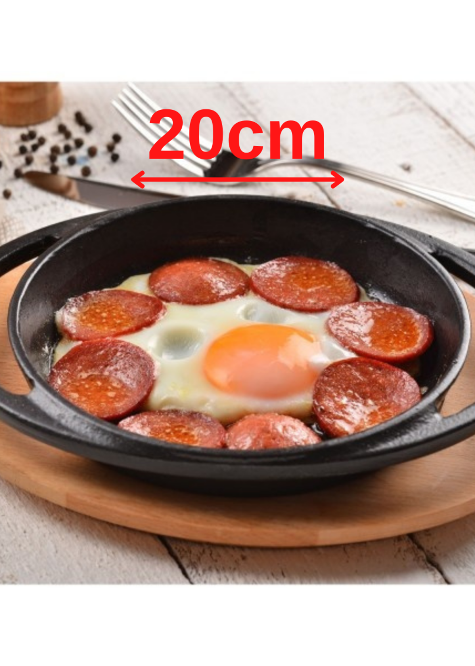 LAVA CASTING ROUND HANDLE PAN AND WOODEN BASE. DIAMETER(Ø)20CM. LV ECO Y TV 20 K4