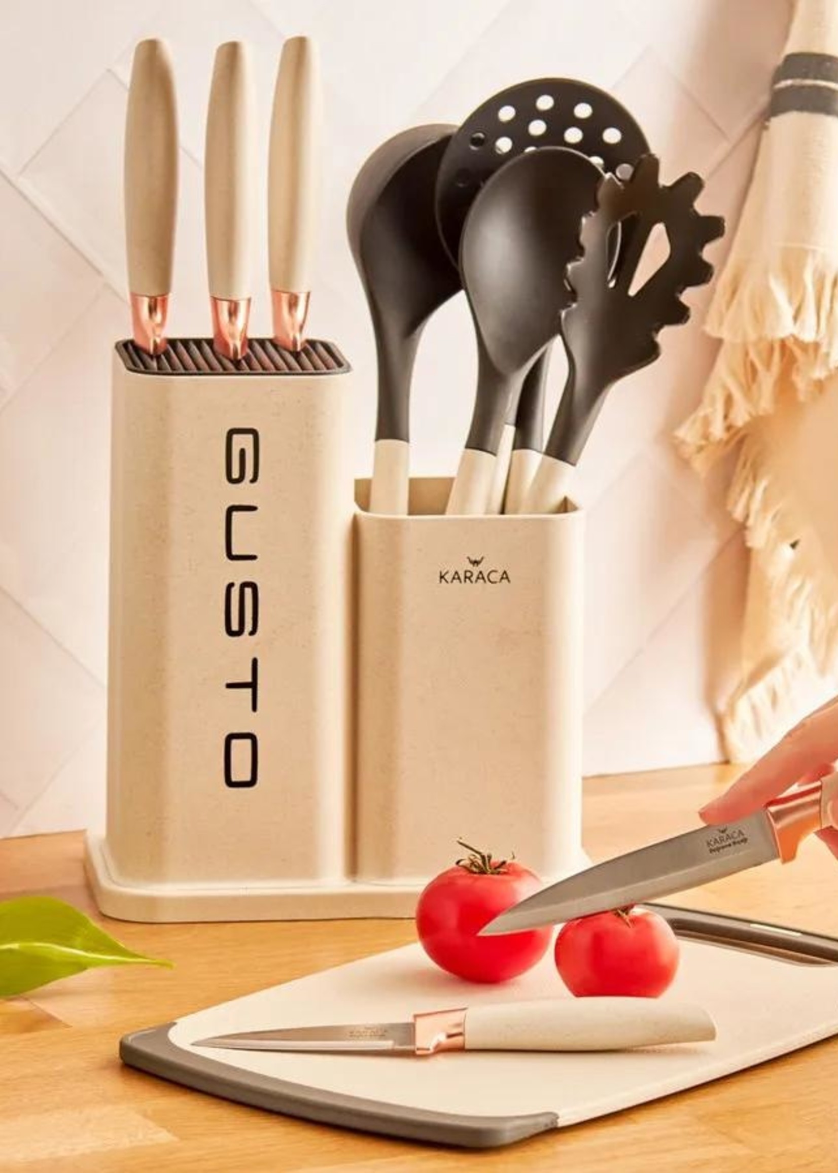 Karaca Gusto 12 Piece Knife/Cutting Board Set in Cream