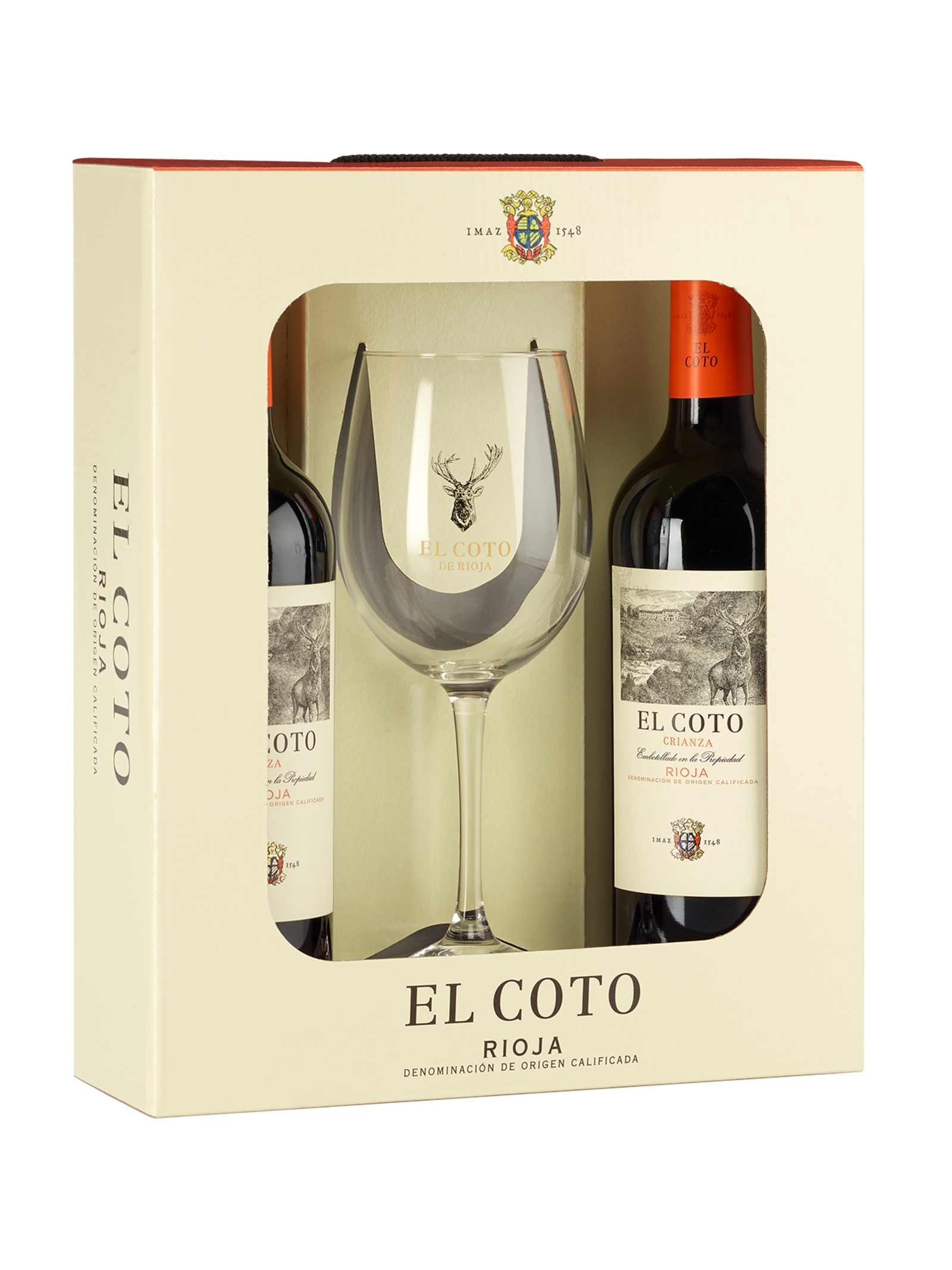 El Coto De Rioja El Coto De Rioja Crianza 2 flessen in verpakking met een glas