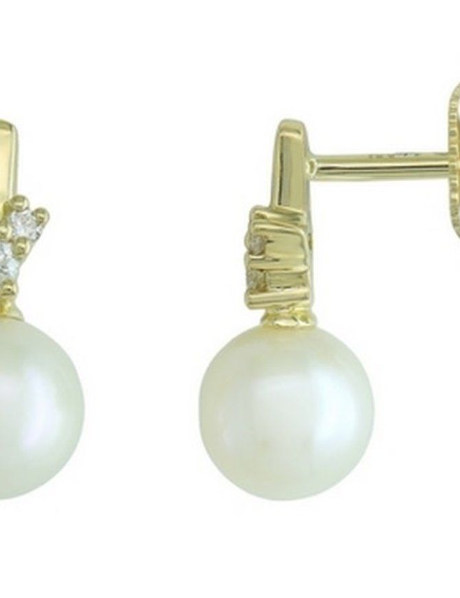 J&A  1970 Boucles d'Oreilles Or 18K + 2 Perles + 6 Dia 0.08K