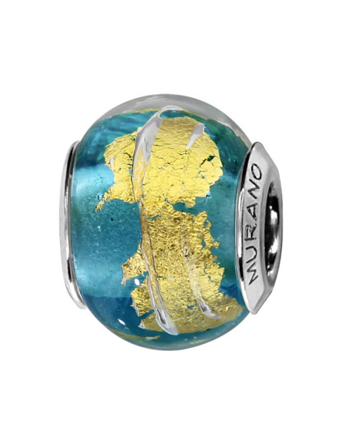 Thabora Charms coulissant argent  Murano bleu clair feuilles dorer