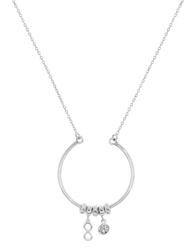 Thabora Collier Argent Rhodié cercle avec anneaux et pampilles motif infini et oxyde blanc serti 42 + 2.5 cm