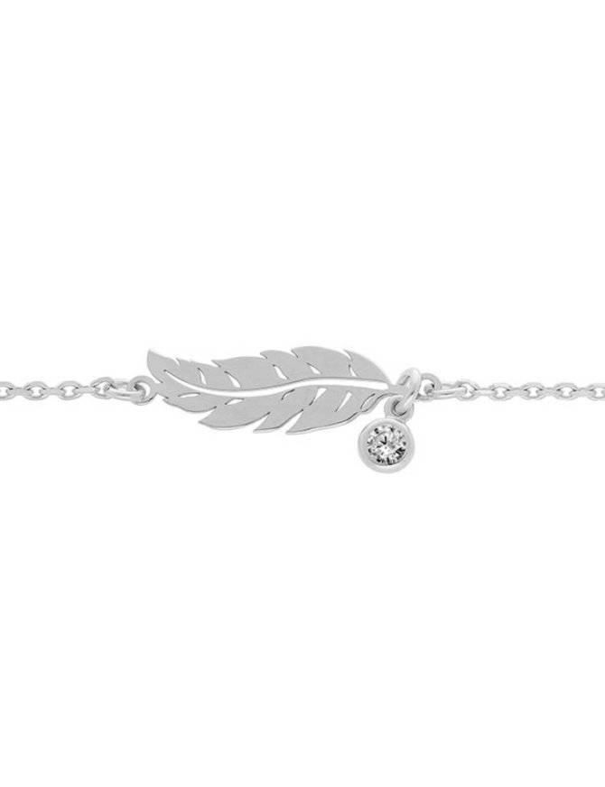 Thabora Bracelet argent rhodié plume 1 oxyde blanc serti clos 16 + 3 cm