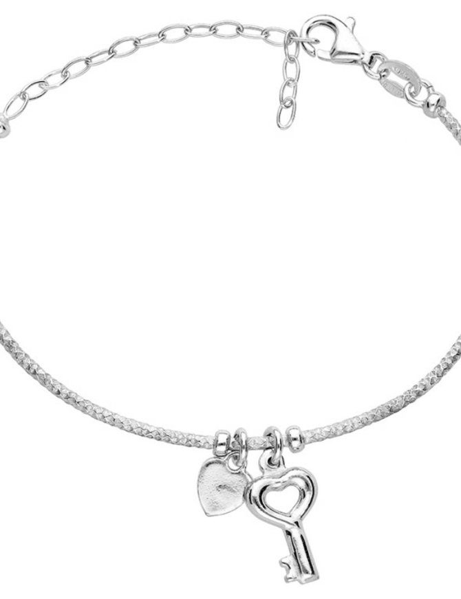 Thabora Bracelet argent rhodié semi rigide papilles coeur et clef réglable