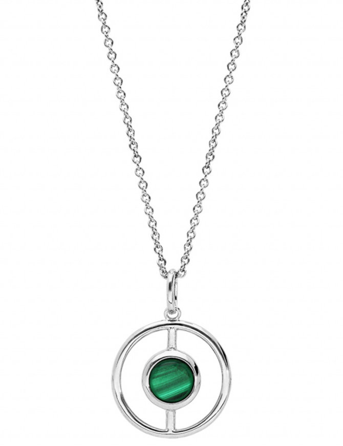 Thabora Collier argent rhodié ronde évidé pierre malachite véritable 40 + 4 cm