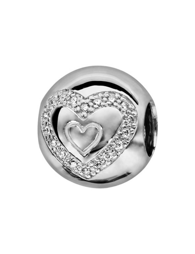 Thabora Charms coulissant argent rhodié boule coeurs oxydes blancs sertis