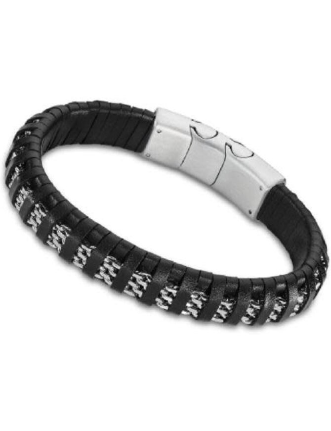 Lotus Style Bracelet en cuir noir et mailles milanaises