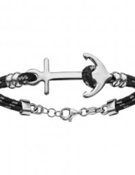 Thabora Bracelet Argent 2 rangs corde noir et grise et Ancre Marine Lg16+4cm