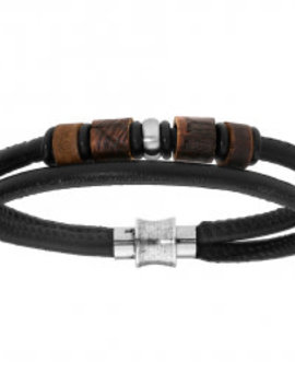 Thabora Bracelet Acier Cuir Bovin Noir et Fermoir Bois Aimanté Lg 21.5cm