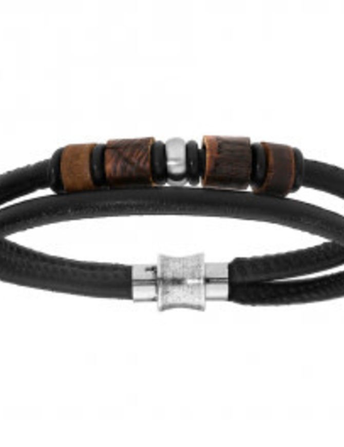 Thabora Bracelet Acier Cuir Bovin Noir et Fermoir Bois Aimanté Lg 21.5cm