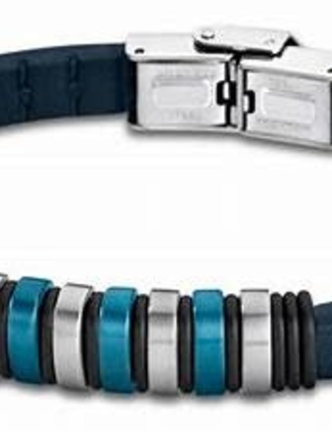 Lotus Style Bracelet Cuir Bleu et Acier (Fermoir Réglable)