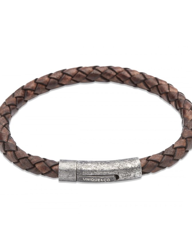 Unique Bracelet Brun Foncé Cuir Tressé 21 cm Unique