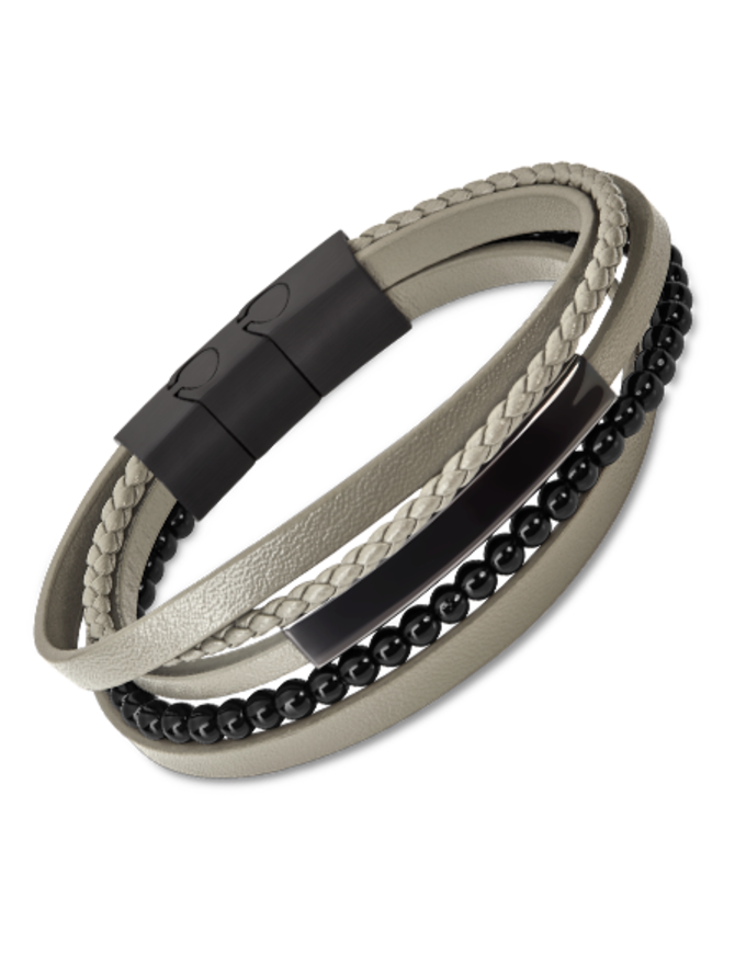 Lotus Style Bracelet  Cuir Gris et Perles Noirs