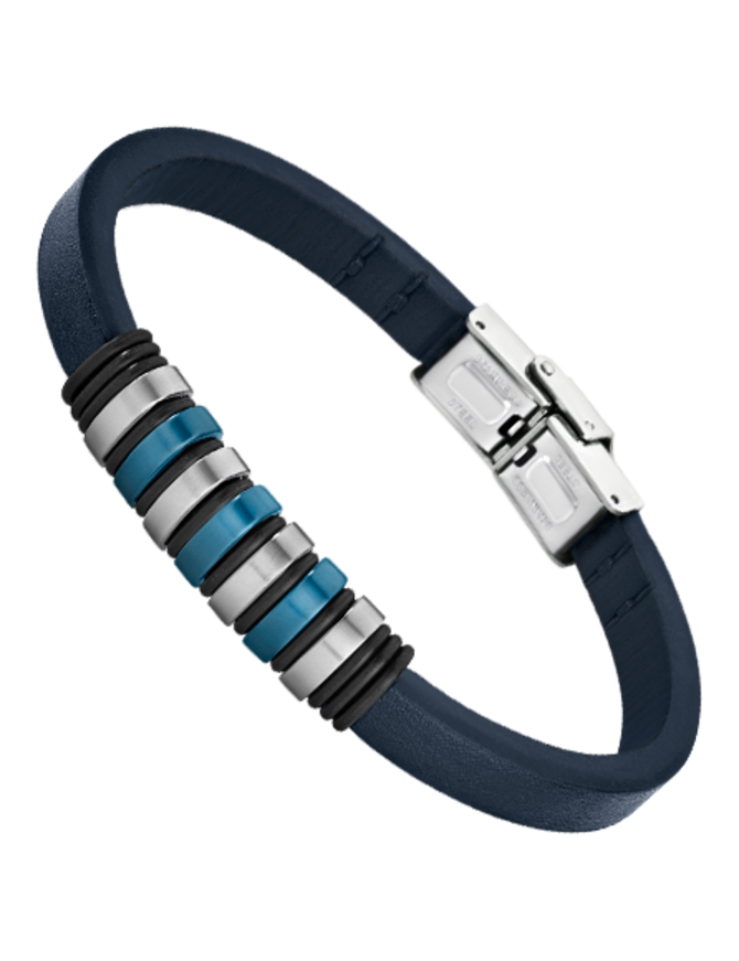 Lotus Style Bracelet Cuir Bleu et Acier (Fermoir Réglable)