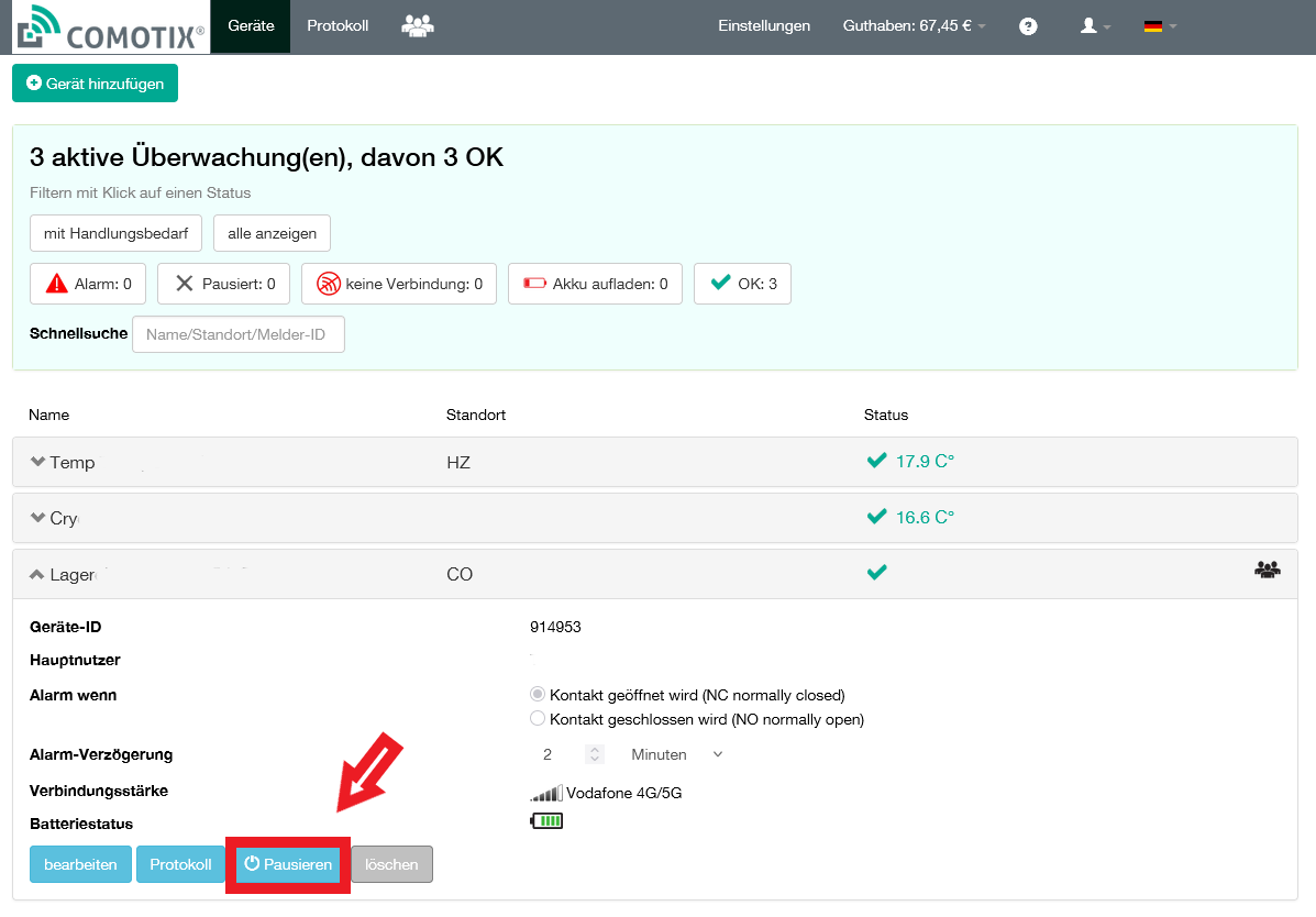 Aktivieren / Pausieren eines Melders