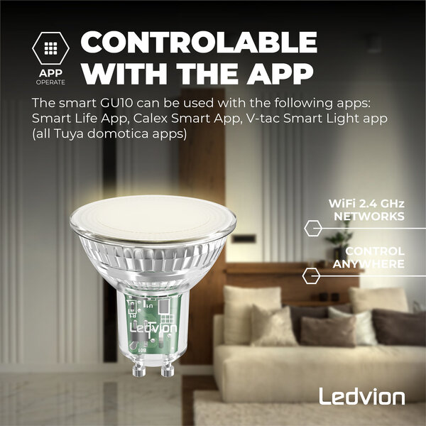 Ledvion Smart CCT GU10 Ampoule LED – 2700K-6500K - Dimmable - Wifi - 5W