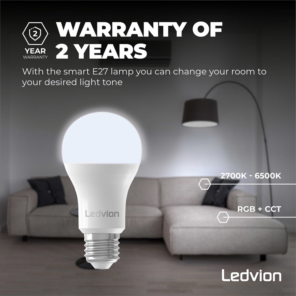 Ledvion Smart CCT E27 Ampoule  LED - 2700-6500K - Wifi - Dimmable - 8W