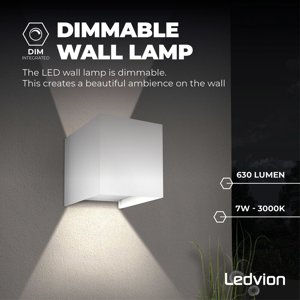 Ledvion Applique murale extérieure LED - Blanc – Luminosité réglable – Deux faces – 3000K – 7W - IP54