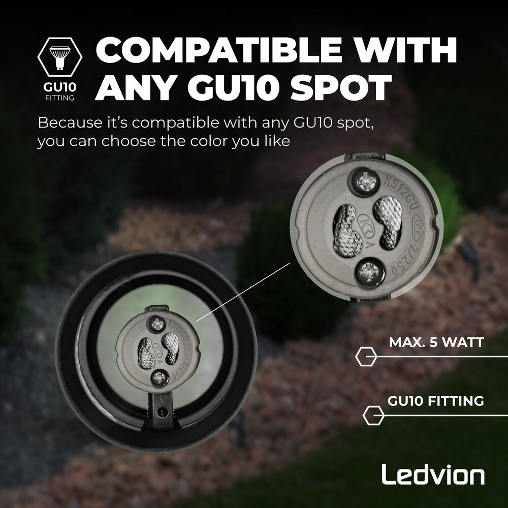 Ledvion Spot à piquer LED – Aluminium – Douille GU10 - IP65 - Câble 2M - Noir