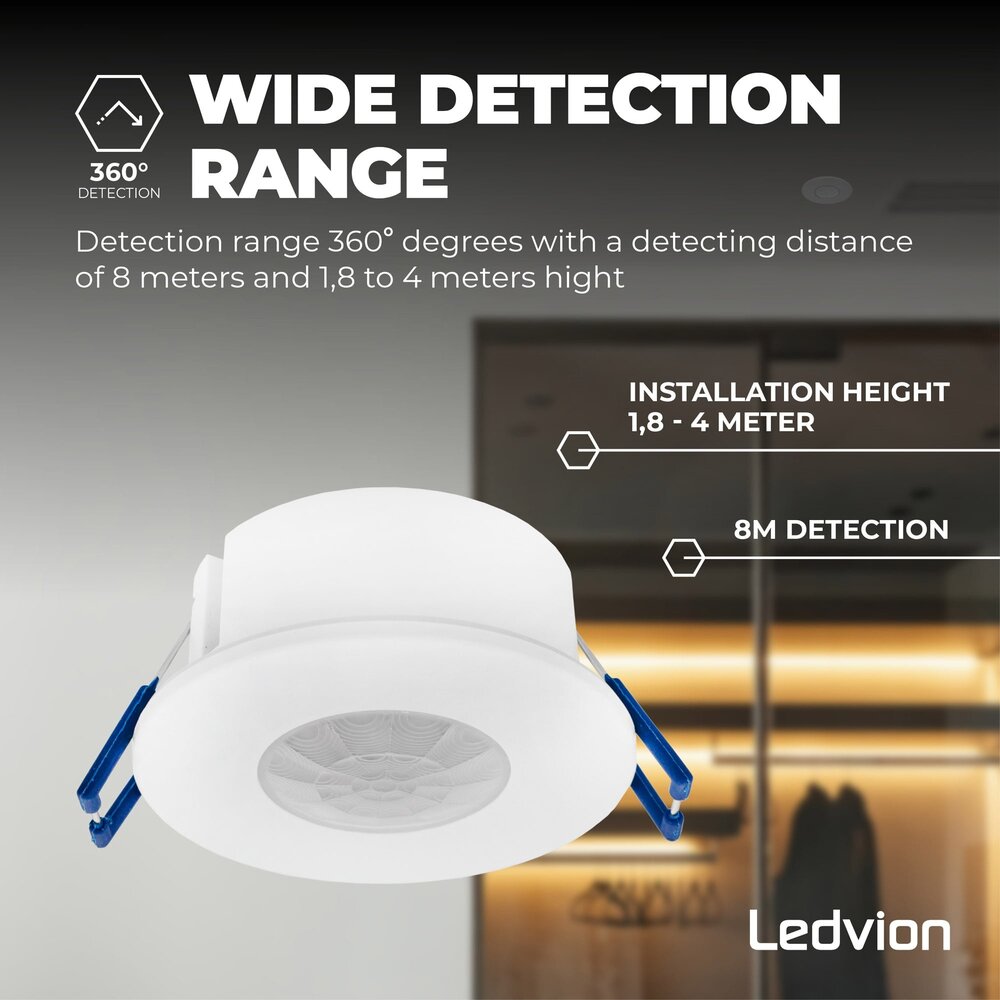 Ledvion Détecteur de Mouvement – Blanc – 360 degrés – Capteur jour / nuit – Portée 8 m - Max 600 W - IP65