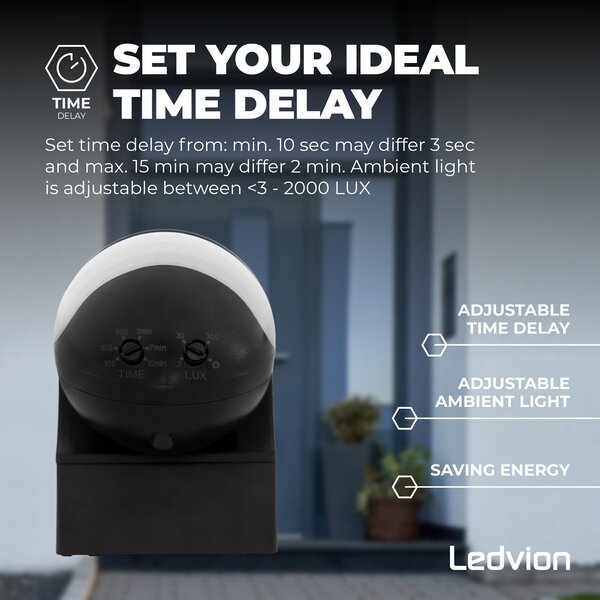 Ledvion Détecteur de Mouvement – Noir – 180 degrés – Capteur jour / nuit – Portée 12 m – Max 400 W - IP44