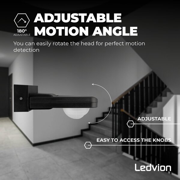 Ledvion Détecteur de Mouvement – Noir – 360 degrés – Capteur jour / nuit – Portée 20 m – Max 400 W - IP65