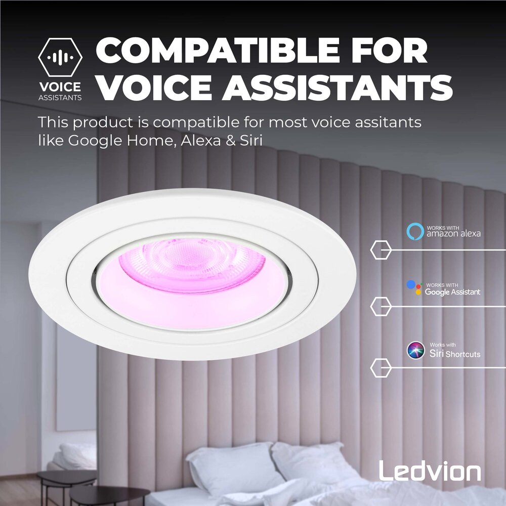 Ledvion LED Spot Encastrable Blanc - Tokyo - Smart WiFi - Dimmable - RGB+CCT - 6 pièces