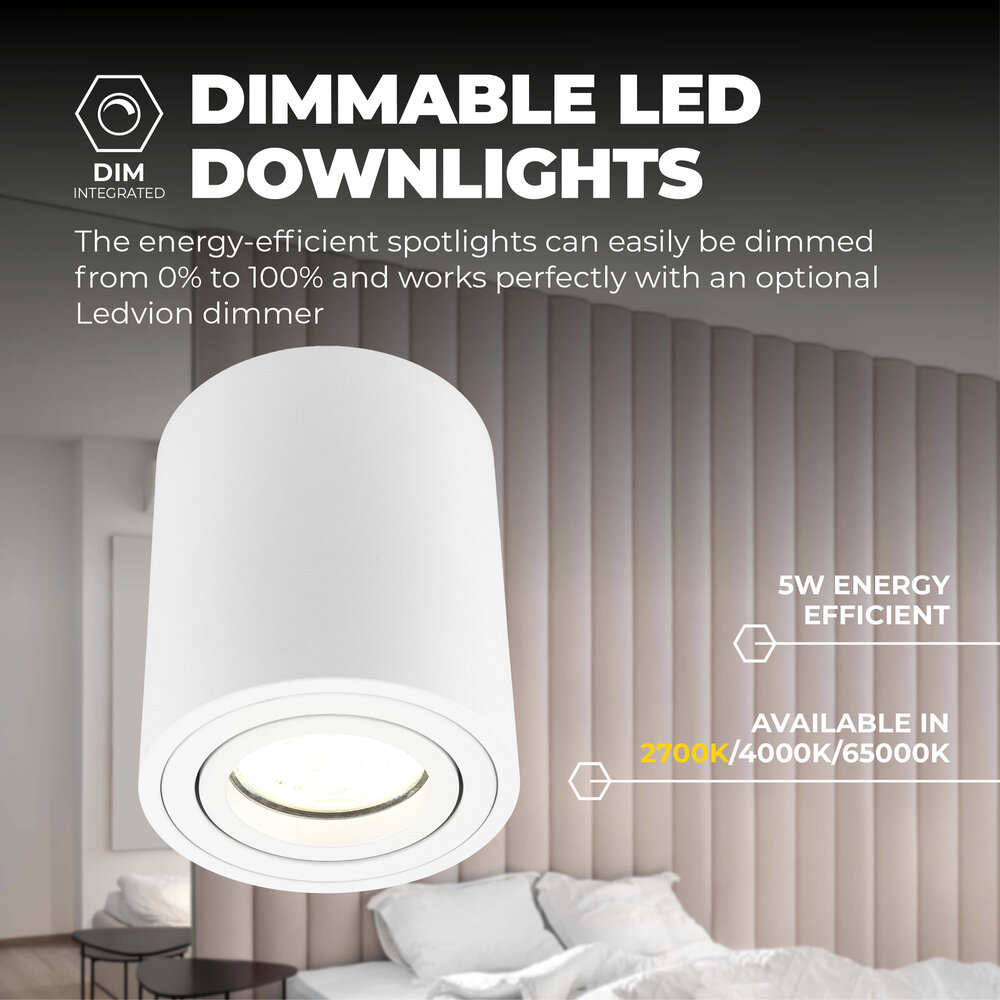 Ledvion 4x Spot LED Dimmable - Rond - Blanc - 5W - 2700K - Inclinable - IP20