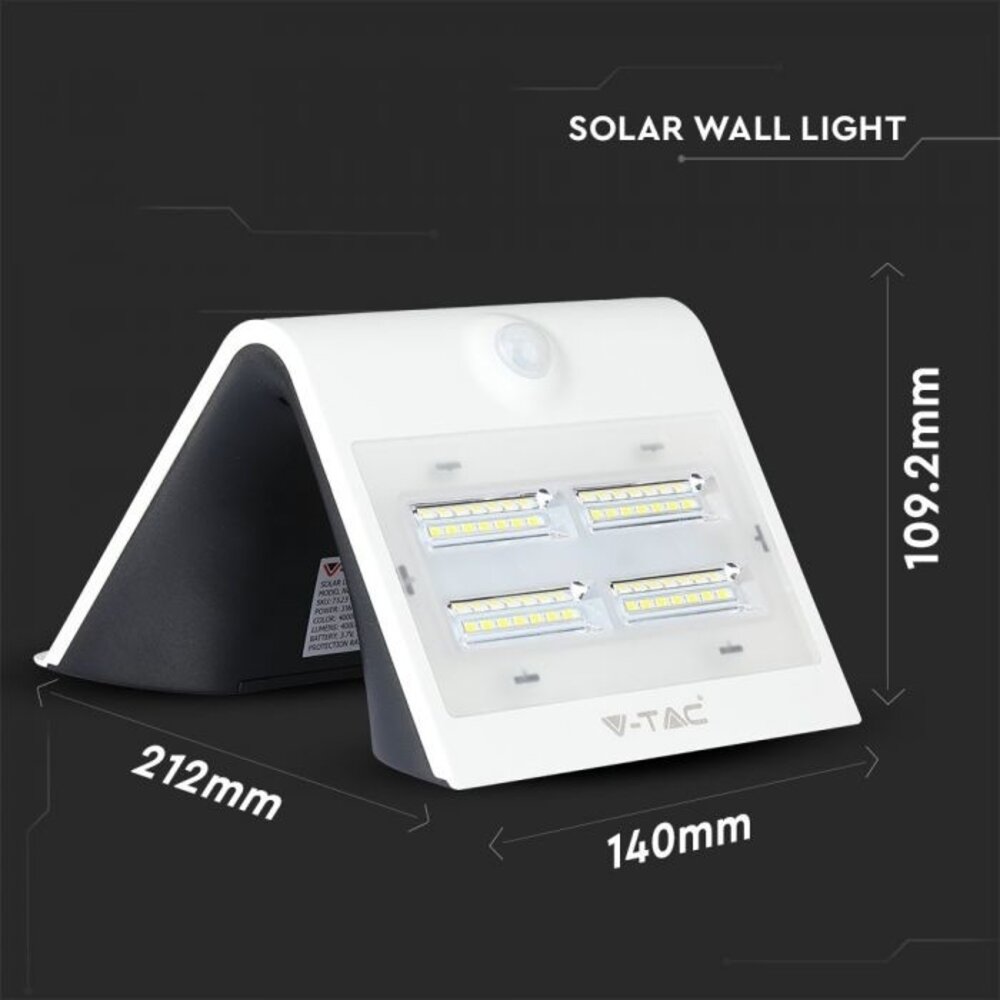 Applique Murale Extérieure LED Solaire Avec Détecteur de Mouvement V-TAC 3W  IP65 3000-4000K Noir